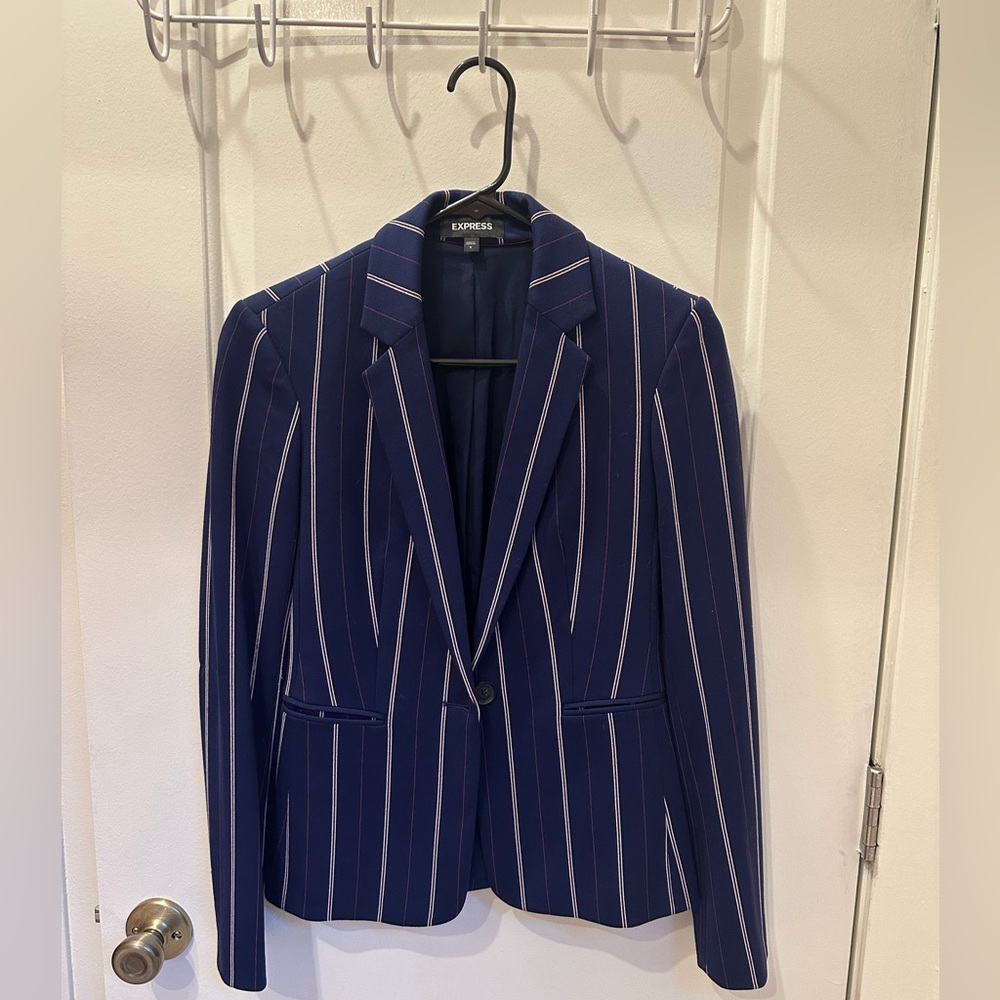 Express Women's Navy and White Pinstripe Blazer